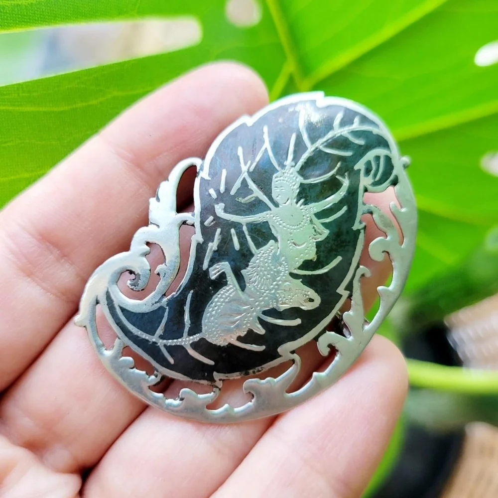 Vintage Old Siam Silver Ornate Lapel Brooch Pin - Picture 3 of 8